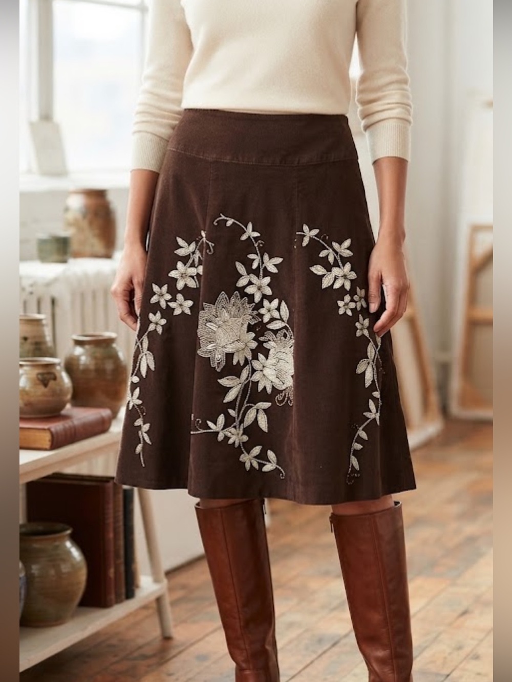 Talbots brown corduroy hand beaded floral skirt